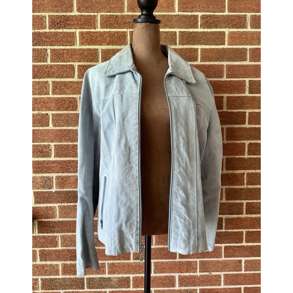 Wilsons Leather Light Blue Perforated Suede Zip Up Jacket Womens Large RN69426